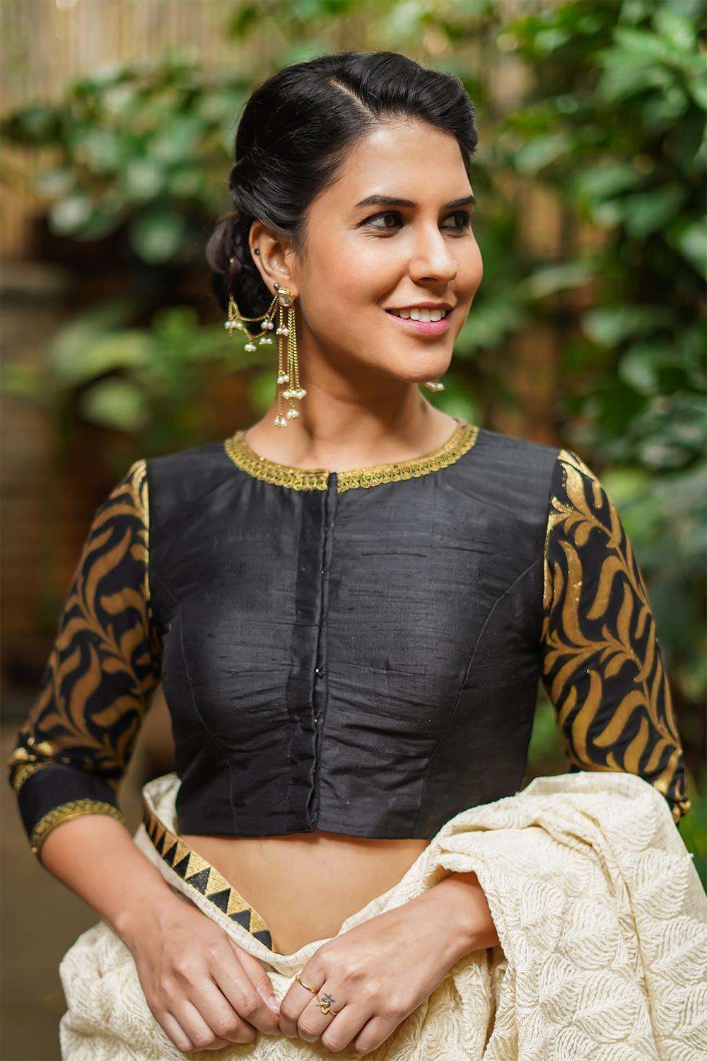 Black raw silk closed neck blouse with brocade sleeves - House of Blouse