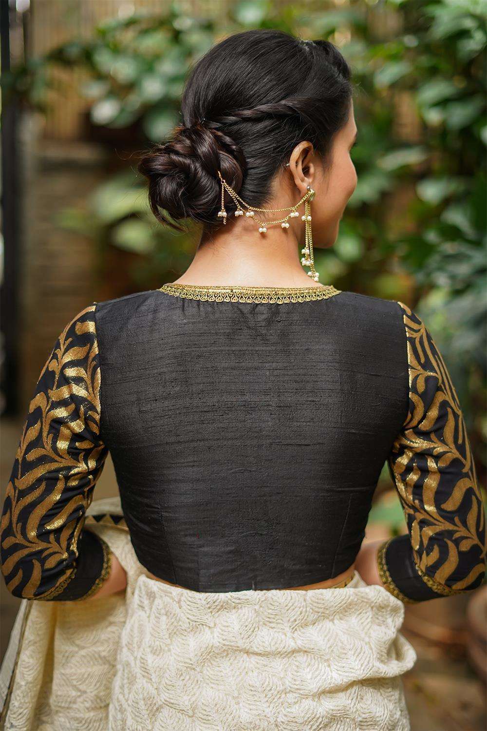 Black raw silk closed neck blouse with brocade sleeves - House of Blouse