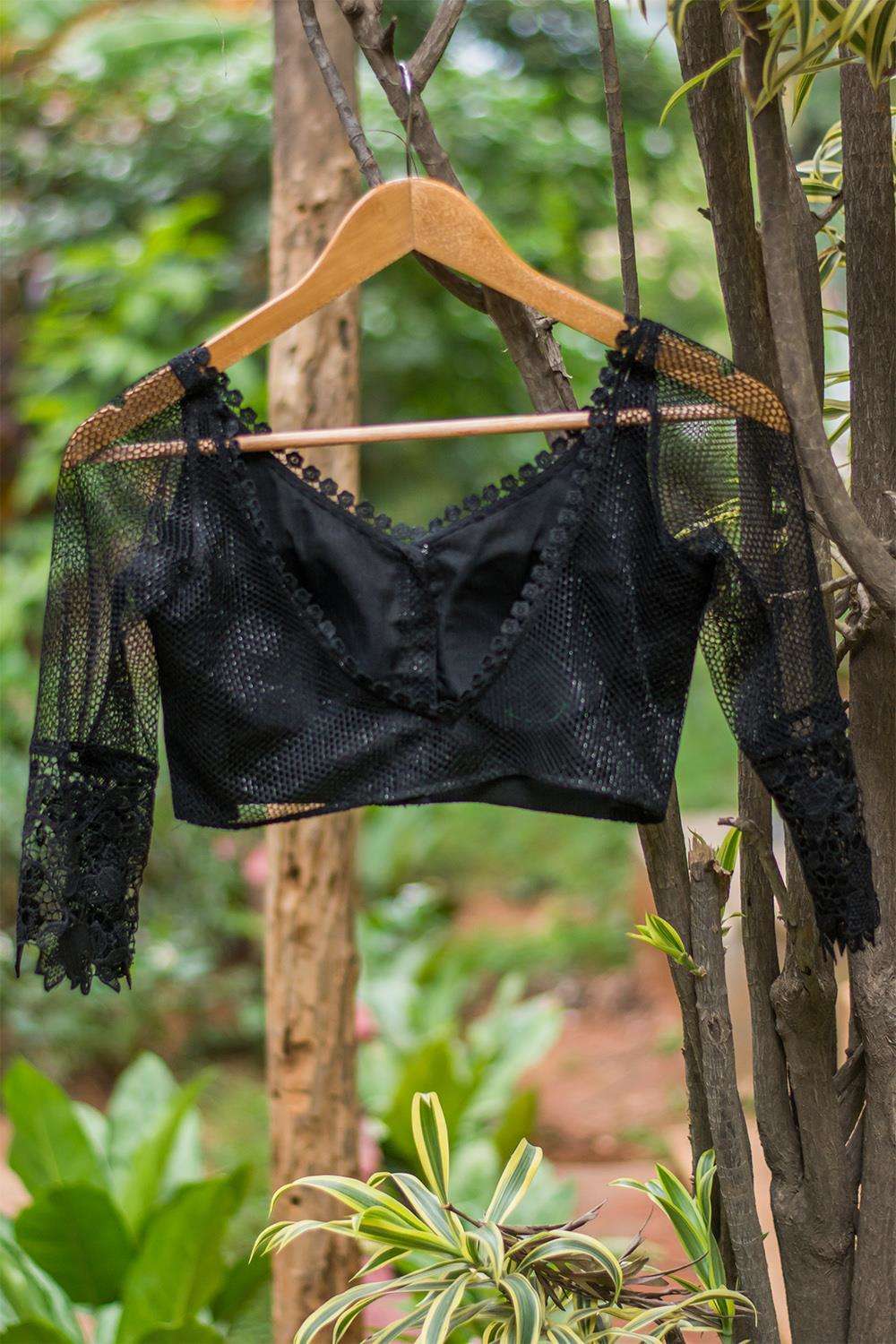 Black shimmer net and lace sheer back blouse - House of Blouse
