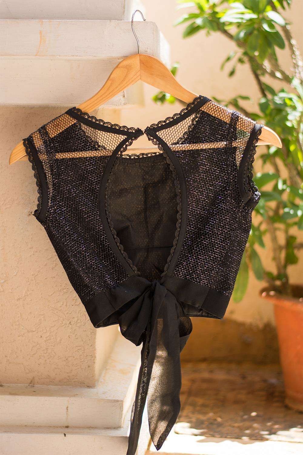Black shimmer sheer back blouse - House of Blouse