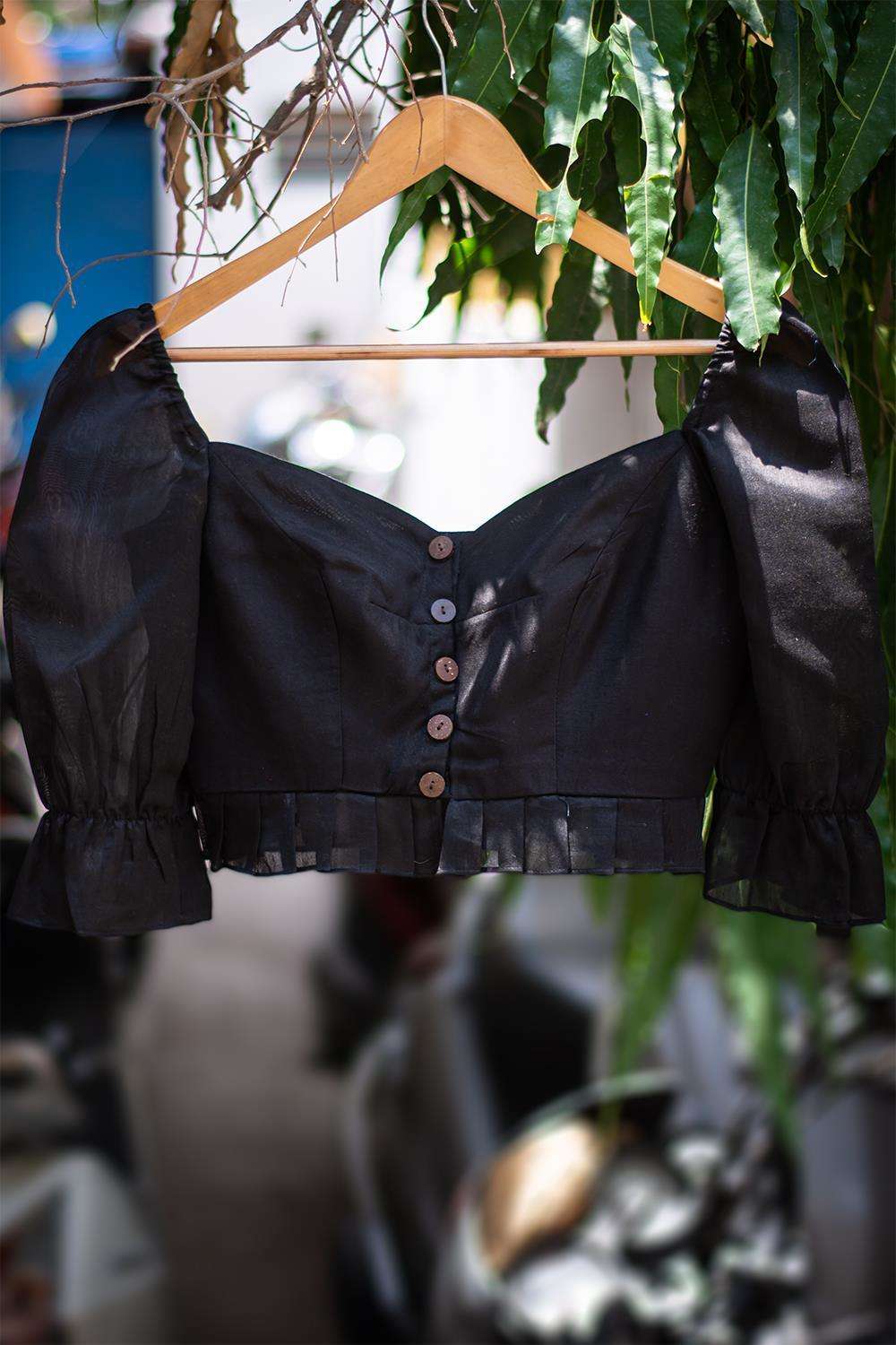 Black soft cotton blouse with chanderi gathered sleeves and frill detailing - House of Blouse