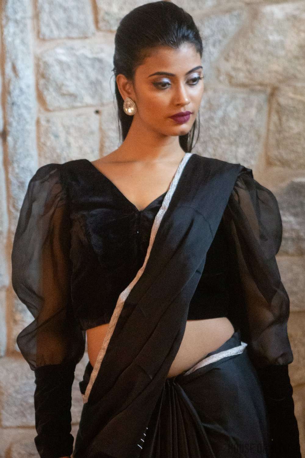 Black Velvet blouse with silk organza long puff sleeves and wide cuffs - House of Blouse