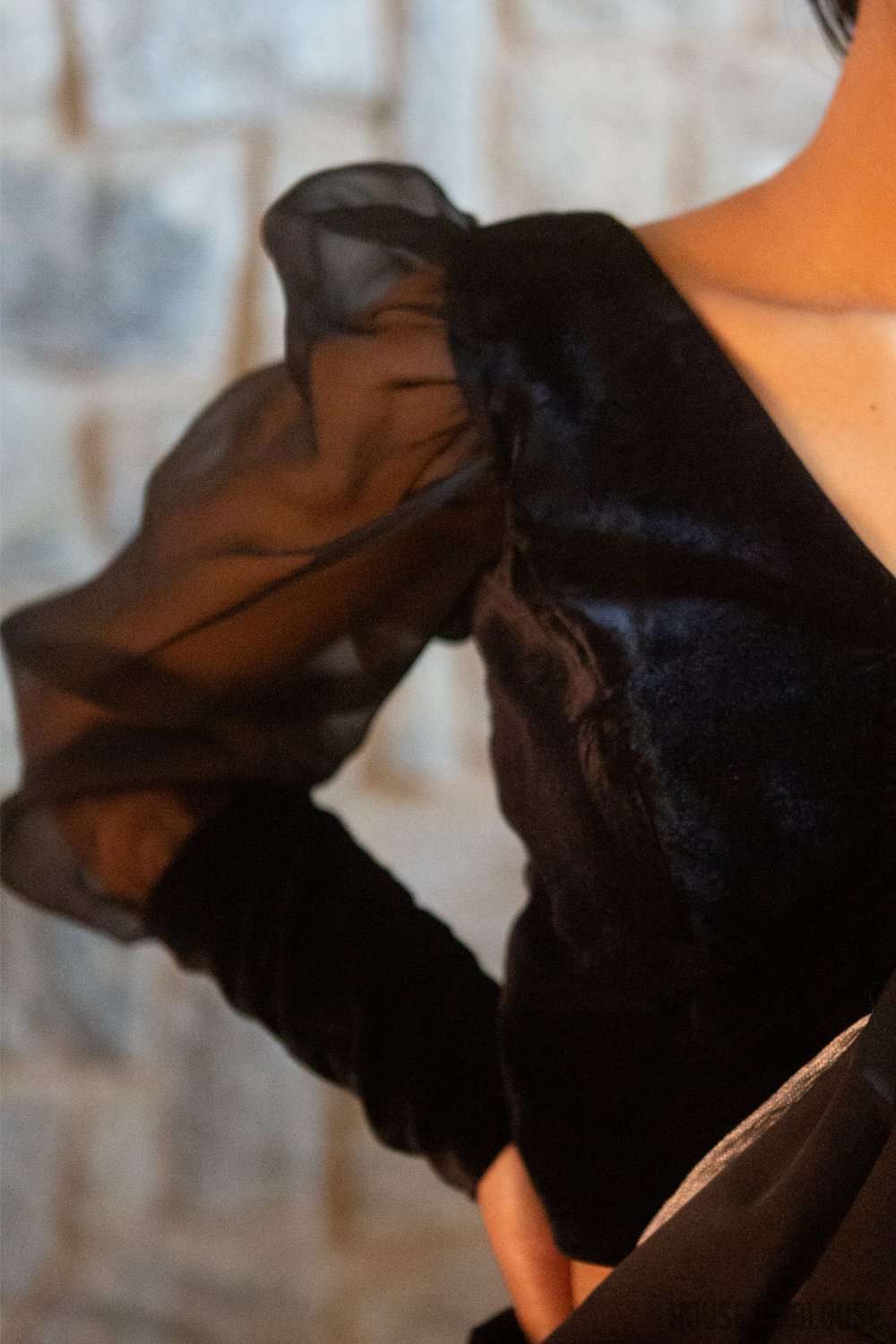 Black Velvet blouse with silk organza long puff sleeves and wide cuffs - House of Blouse