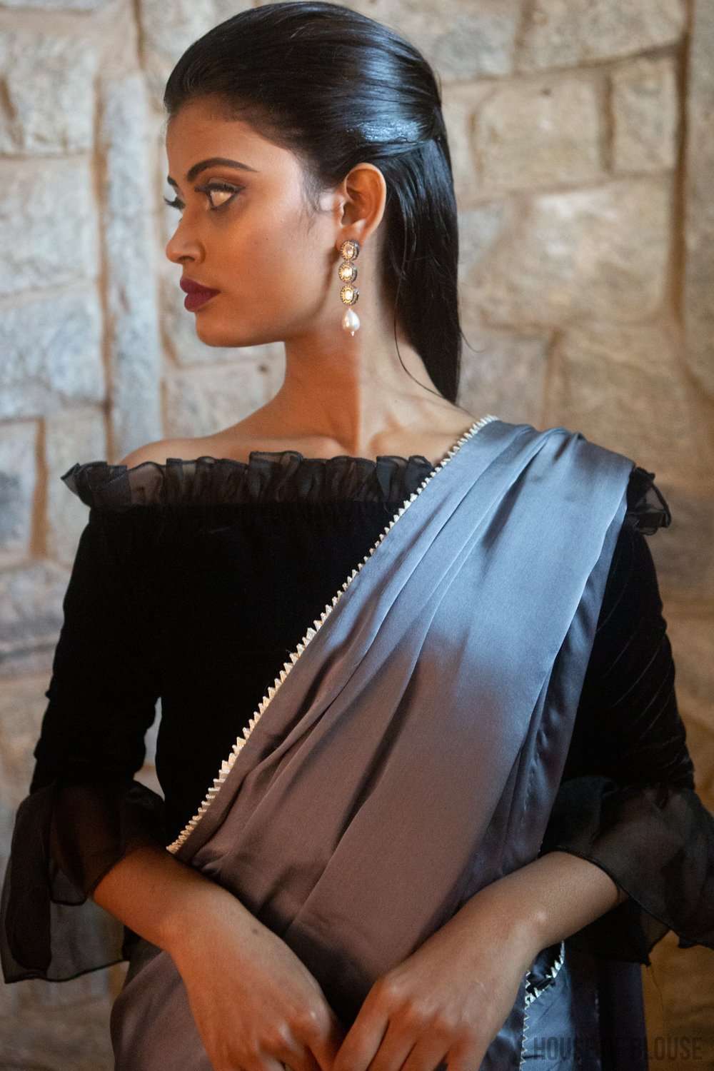 Black velvet off-shoulder blouse with silk organza frill detailing - House of Blouse