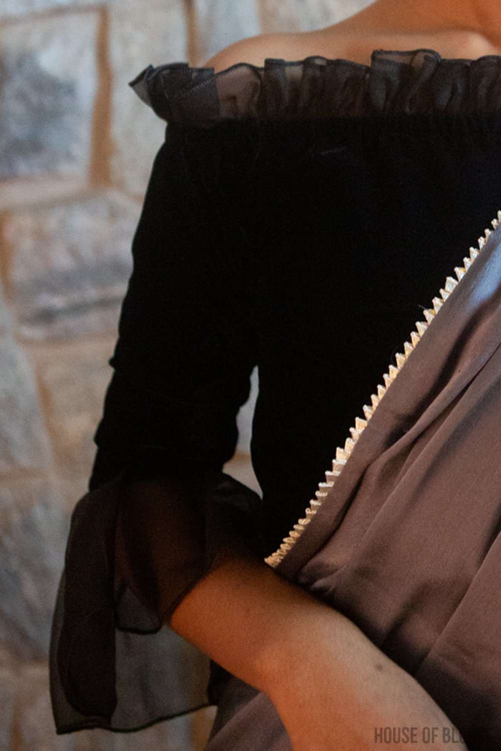 Black velvet off-shoulder blouse with silk organza frill detailing - House of Blouse