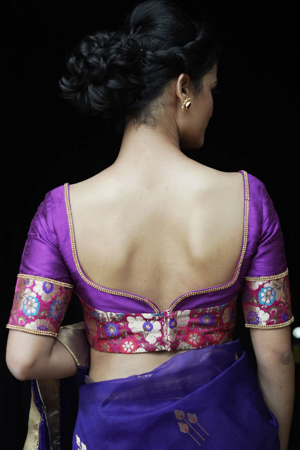 Dark pink floral banarasi brocade with purple rawsilk sweetheart neck blouse