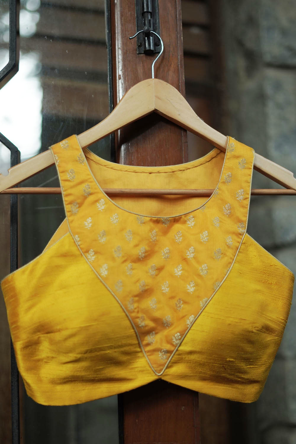 Sunshine yellow banarasi brocade and yellow raw silk racer back blouse