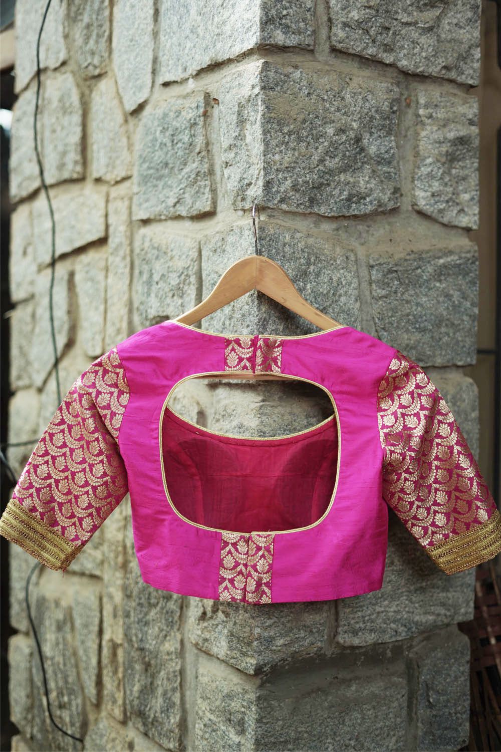 Fuchsia pink raw silk U neck blouse with  banarasi brocade sleeves