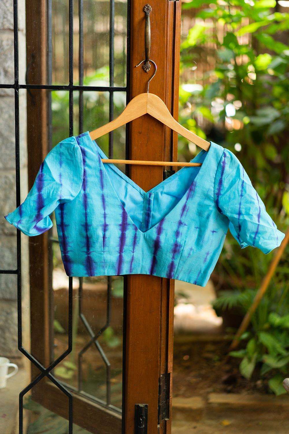 Blue and purple shibori dyed cotton V neck blouse with bell sleeves - House of Blouse