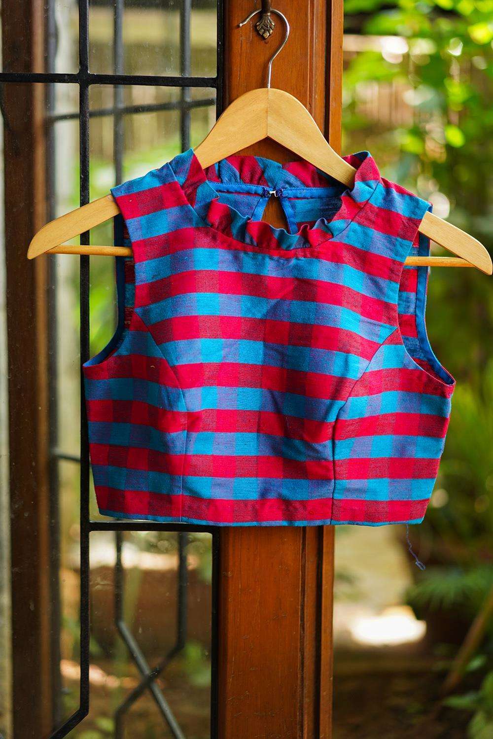 Blue and reddish pink checked cotton sleeveless blouse with a pleated frill collar - House of Blouse