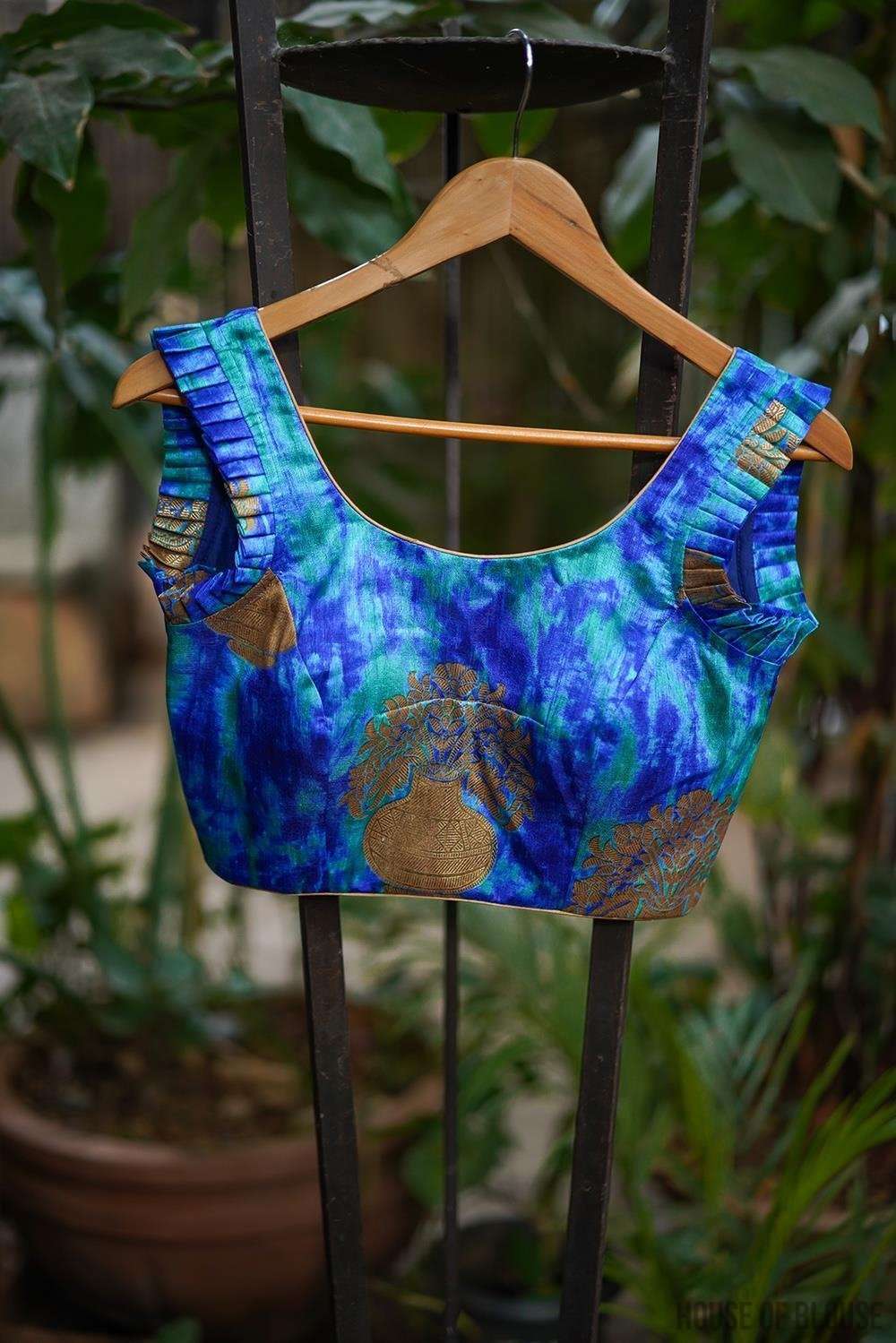 Blue shibori shaded raw silk sleeveless blouse with pleated frills on sleeves - House of Blouse