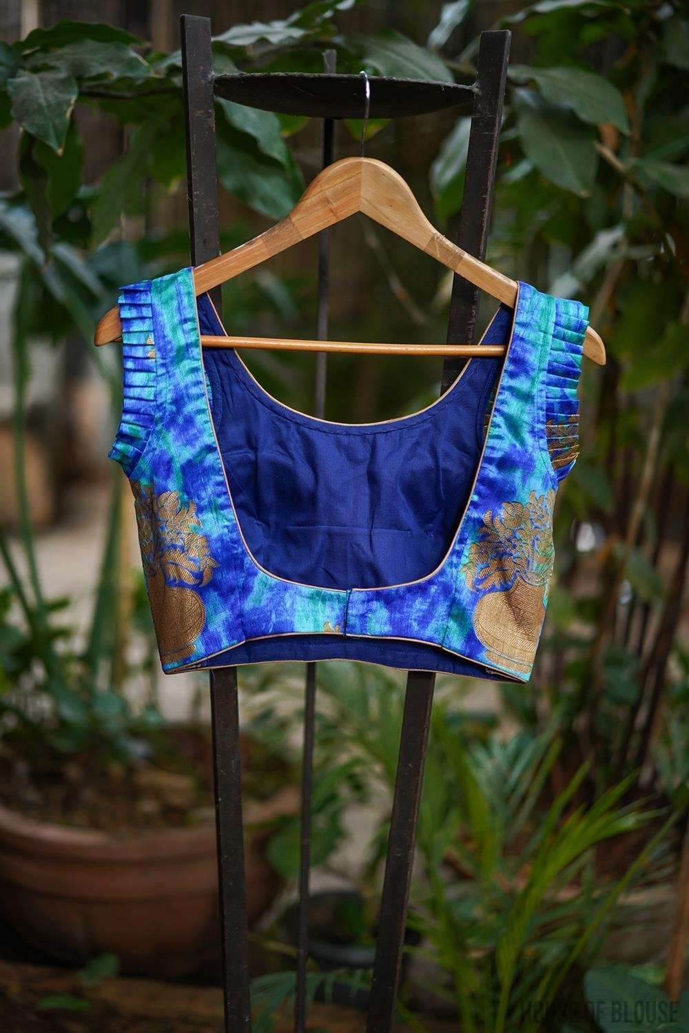 Blue shibori shaded raw silk sleeveless blouse with pleated frills on sleeves - House of Blouse