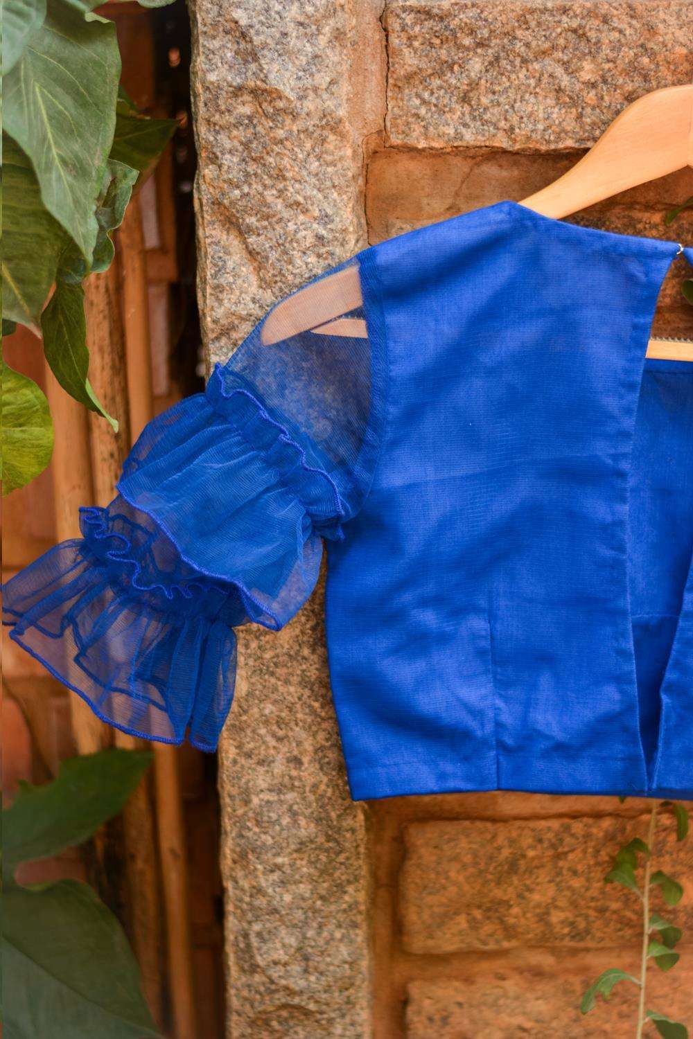 Cobalt blue net blouse with ruffles on sleeves - House of Blouse