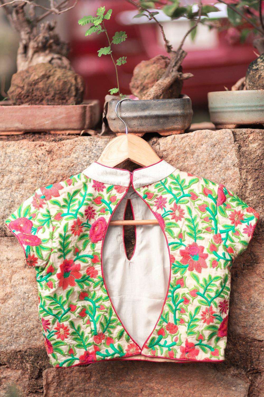 Cream High Neck threadwork blouse - House of Blouse