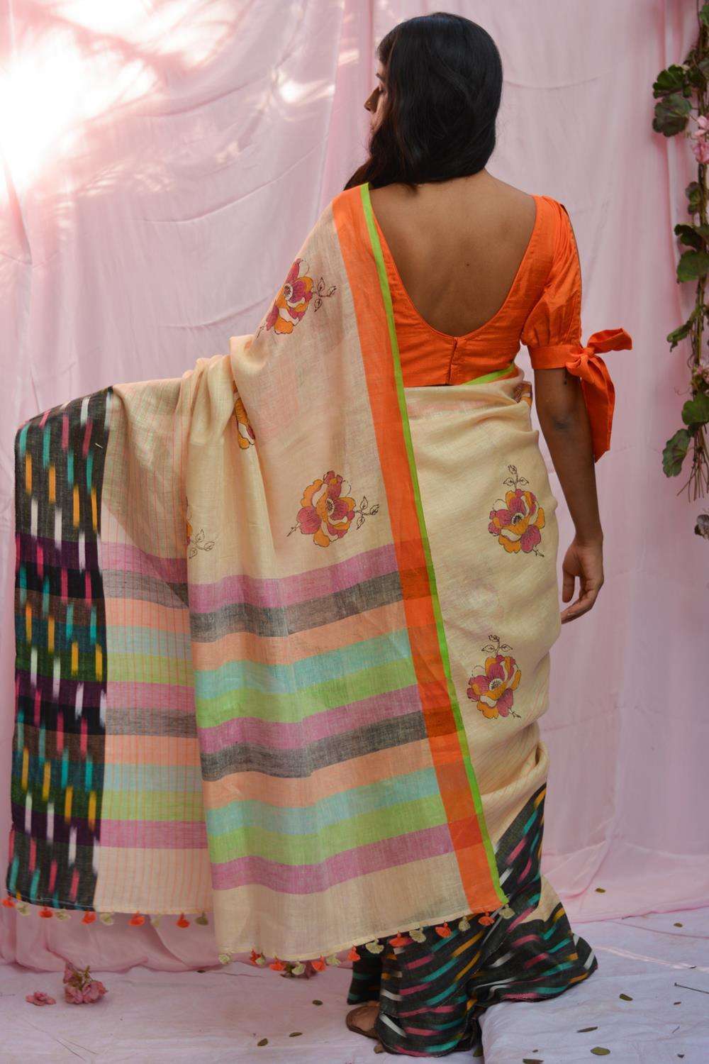 Cream striped linen saree with block print and multicolour Ikat border - House of Blouse
