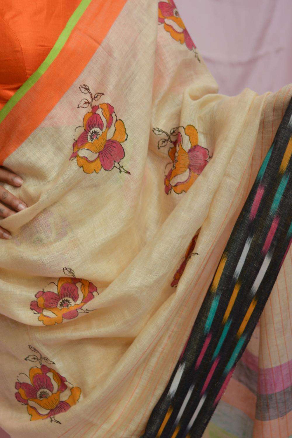 Cream striped linen saree with block print and multicolour Ikat border - House of Blouse