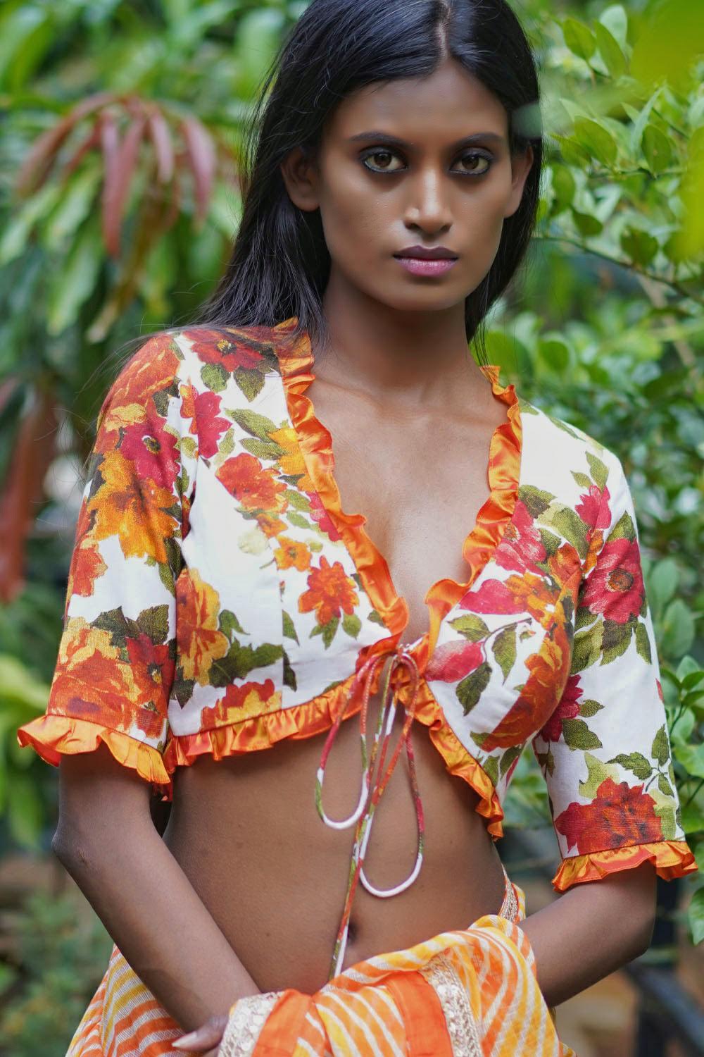 Off white and orange floral handspun & pure muslin v neck blouse with frill detailing - House of Blouse