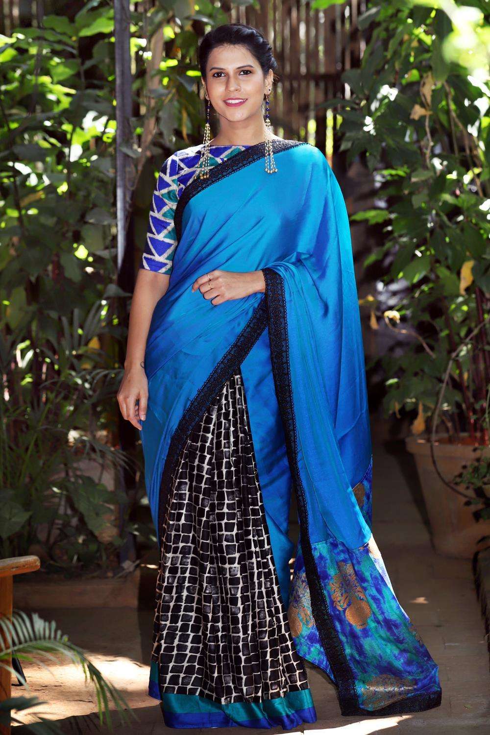 Double shaded blue satin georgette printed soft cotton half and half saree - House of Blouse
