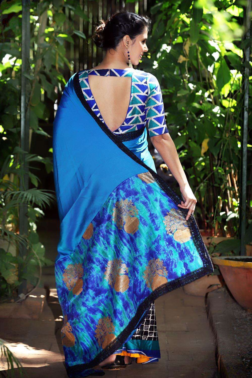 Double shaded blue satin georgette printed soft cotton half and half saree - House of Blouse