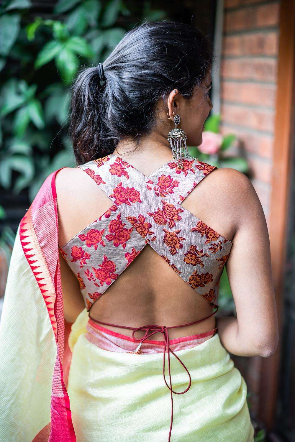 Dull gold floral brocade V neck collared blouse with criss cross back detailing - House of Blouse