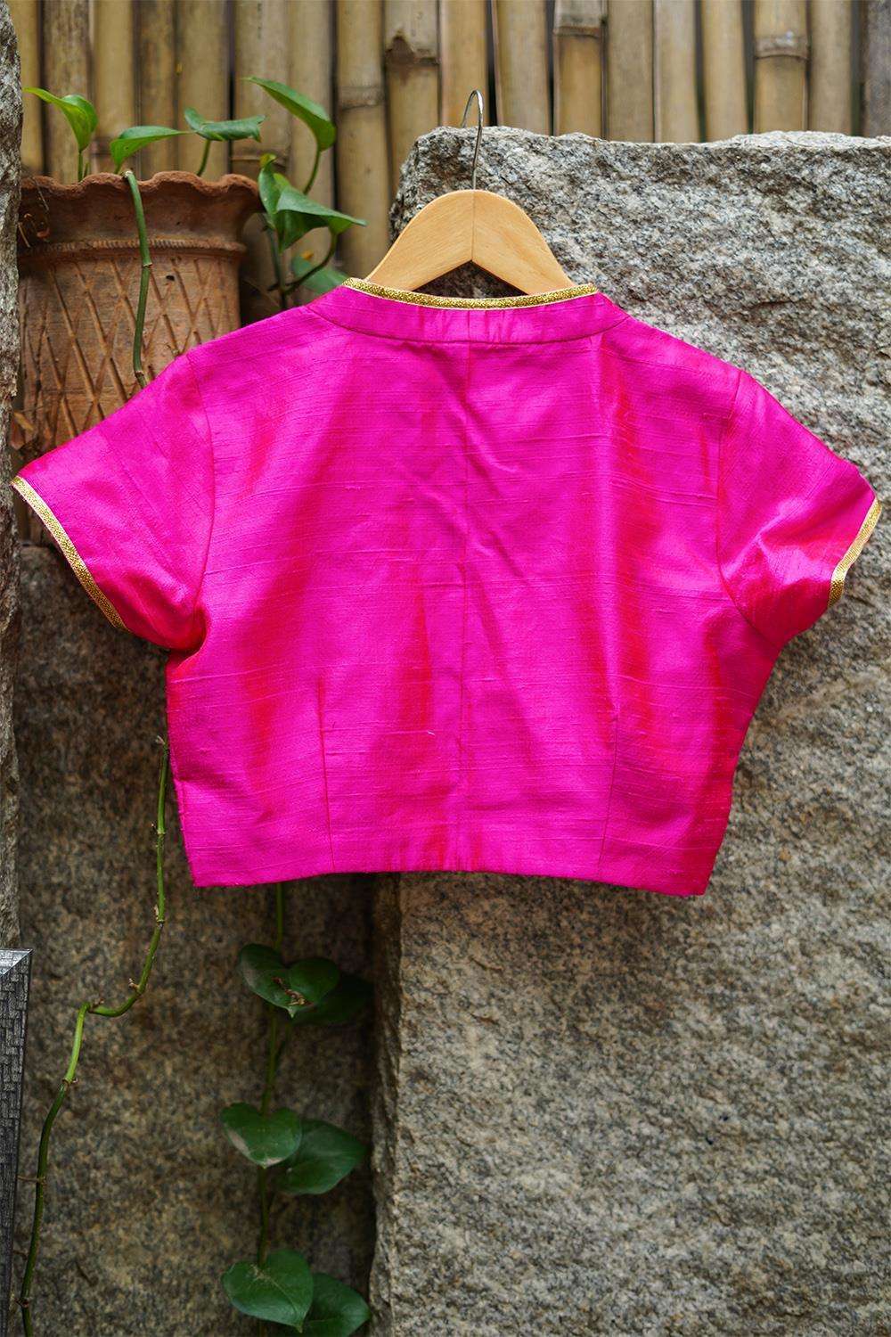 Fuchsia pink raw silk hi neck blouse with gold lace detailing - House of Blouse