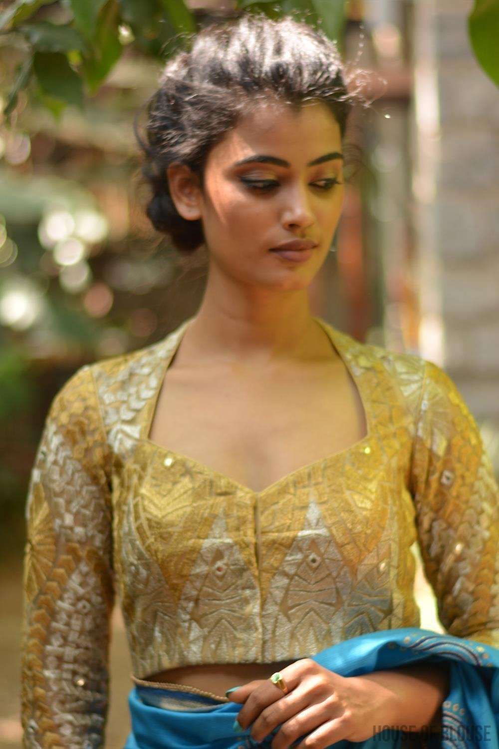 Gold and silver threadwork blouse with sweetheart neck - House of Blouse