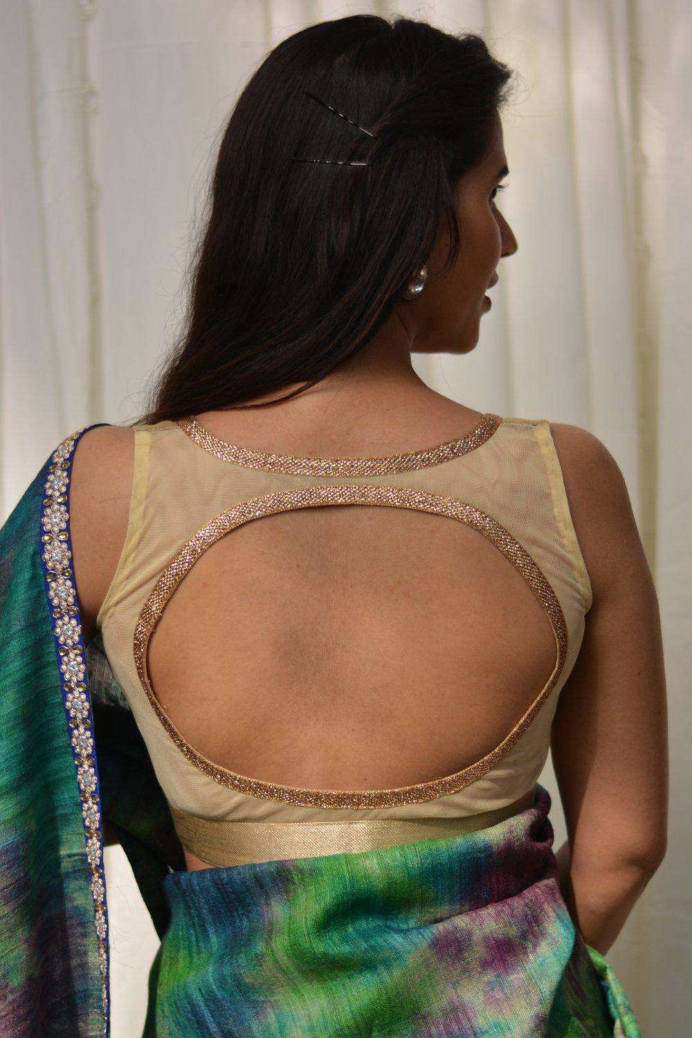 Gold brocade sweetheart neck blouse with sheer back - House of Blouse