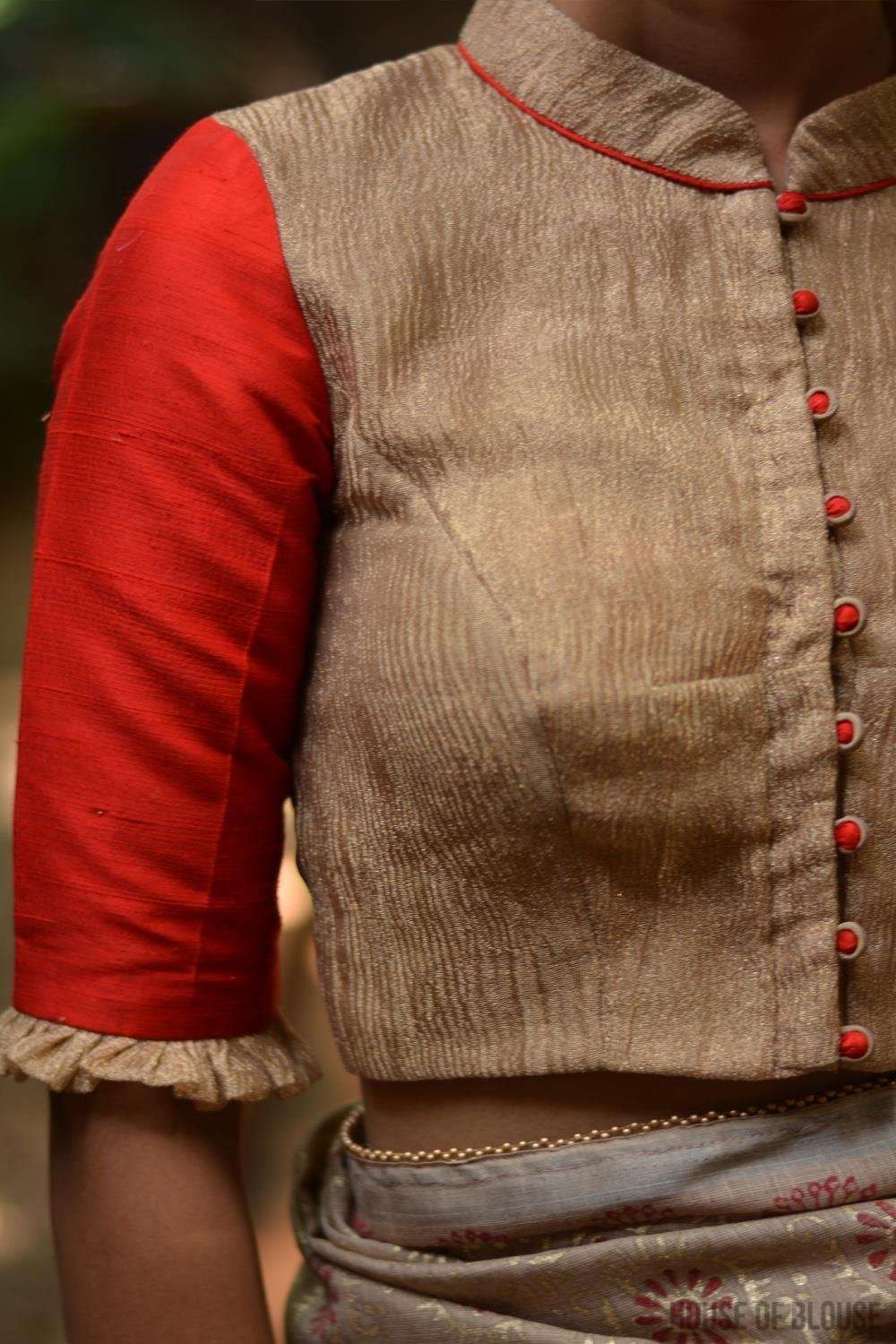 Gold crushed-tissue chinese-collar blouse, with raw silk sleeves - House of Blouse