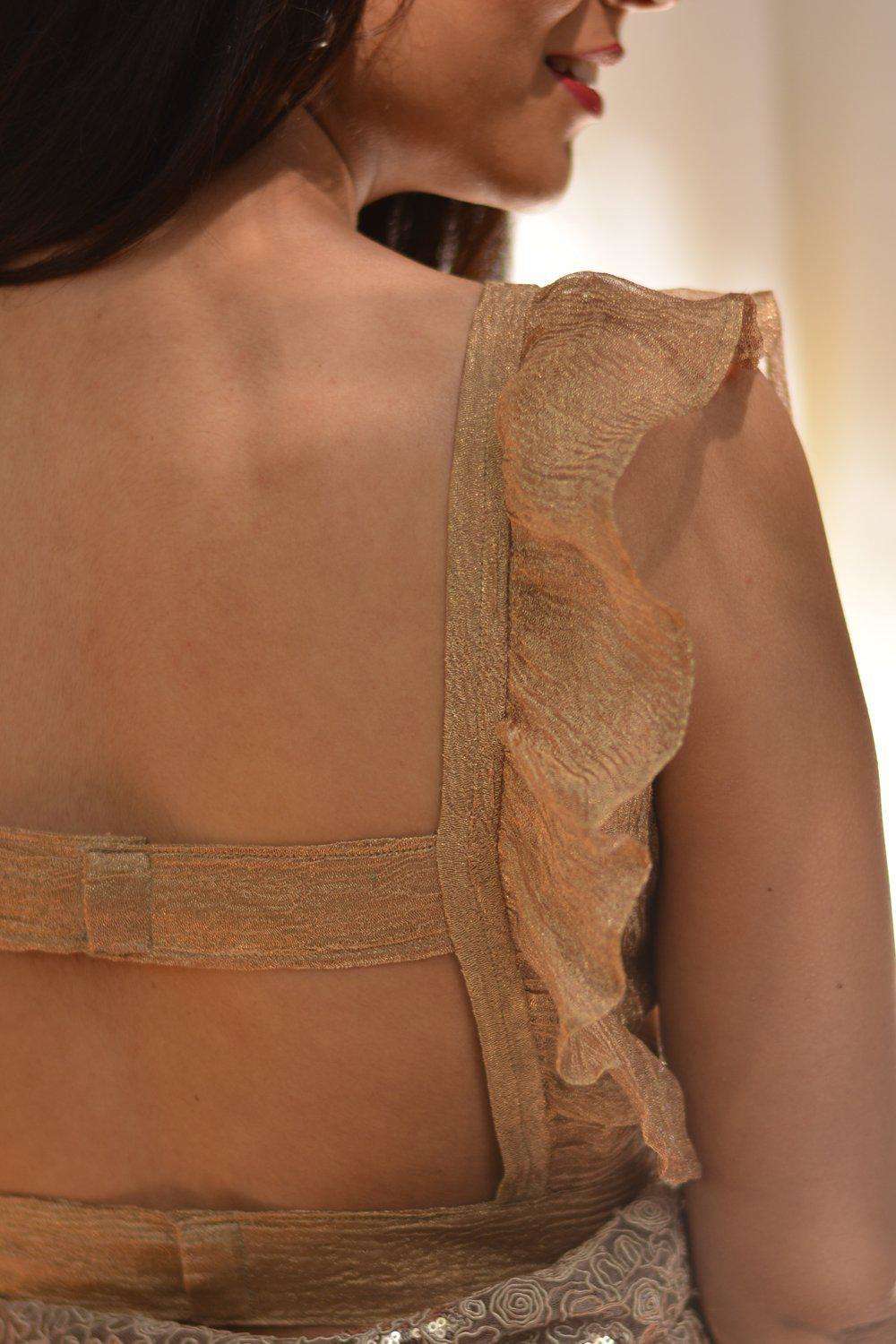 Gold crushed tissue square neck blouse with frill detailing - House of Blouse