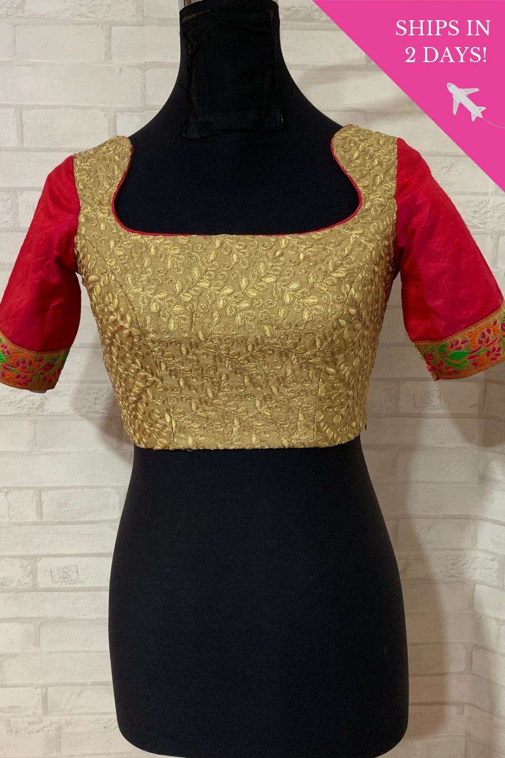 Gold threadwork blouse with pink raw silk sleeves; Size: 36 - House of Blouse