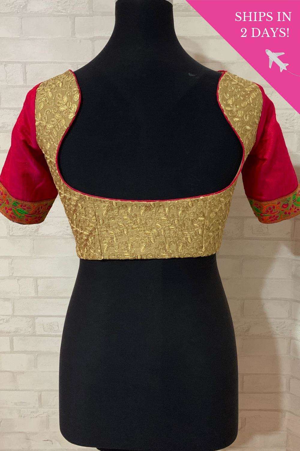 Gold threadwork blouse with pink raw silk sleeves; Size: 36 - House of Blouse