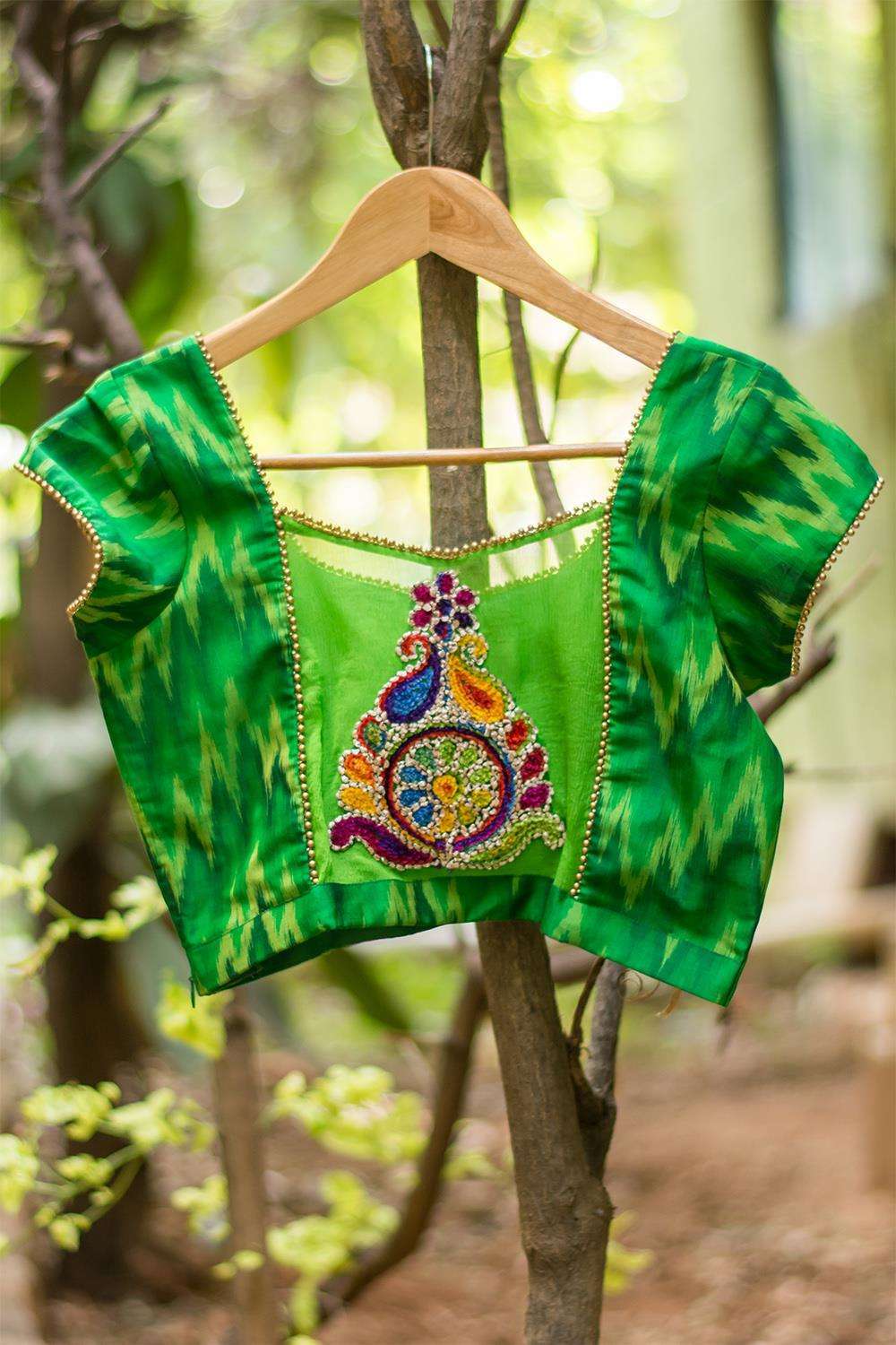 Green Ikat silk cotton sheer back blouse with applique - House of Blouse