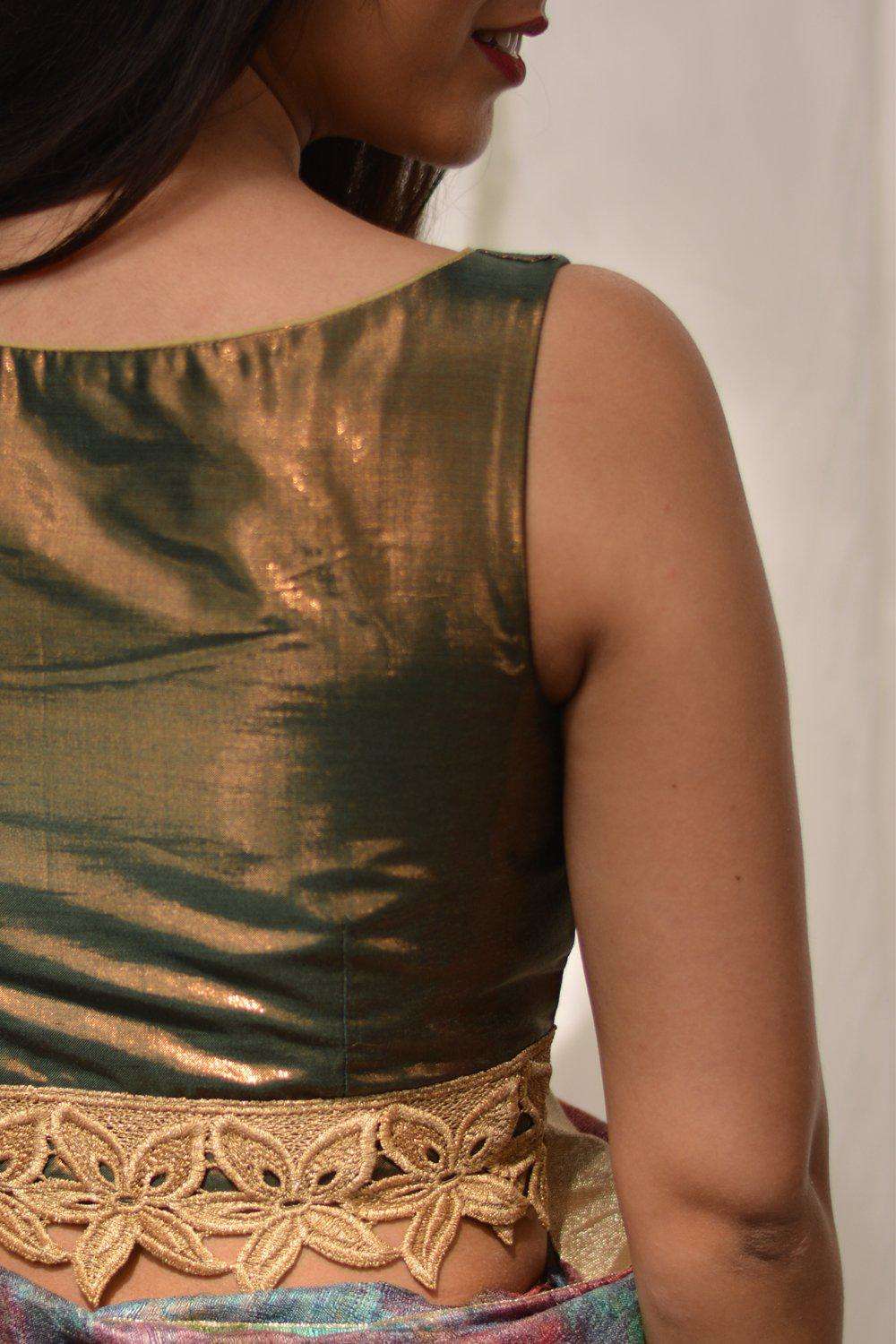 Greenish copper shimmer boatneck blouse with floral cutwork lace border - House of Blouse