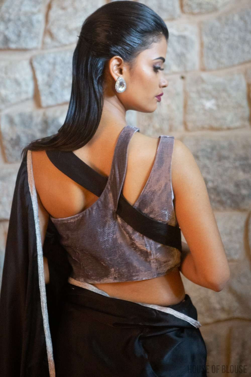 Grey-black pure silk velvet and silk satin one-shoulder blouse - House of Blouse