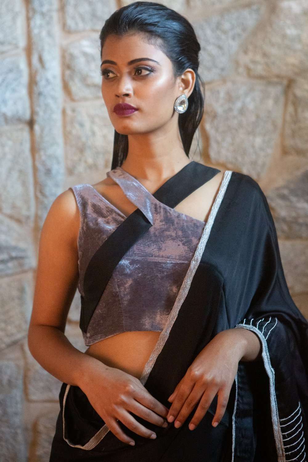 Grey-black pure silk velvet and silk satin one-shoulder blouse - House of Blouse