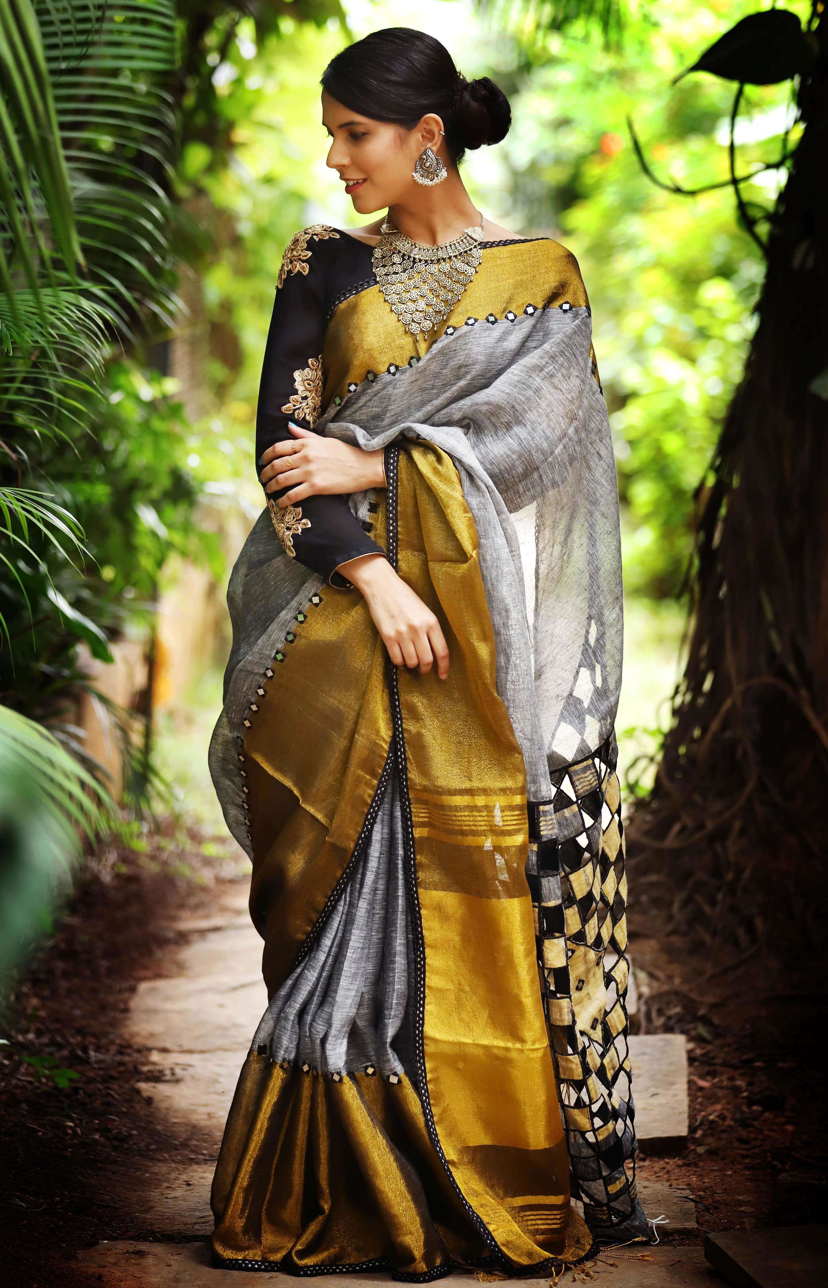 Grey Linen with tissue border with mirror work and cutwork pallu - House of Blouse