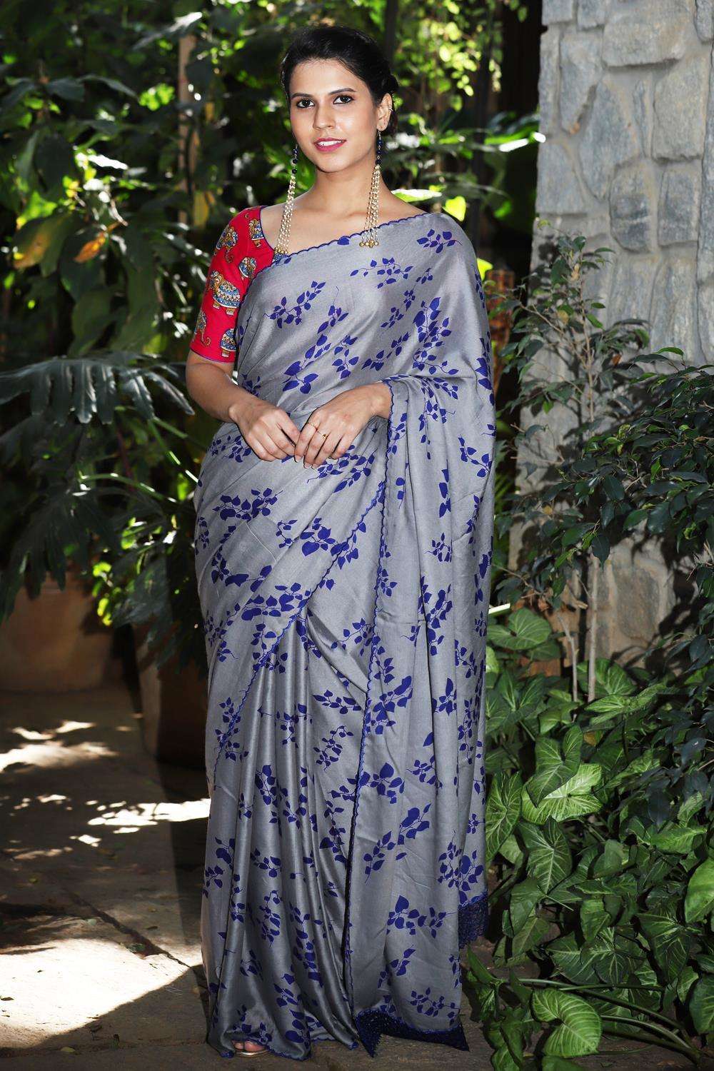 Grey rayon saree with royal blue leaf print and embroidered scallop edging - House of Blouse