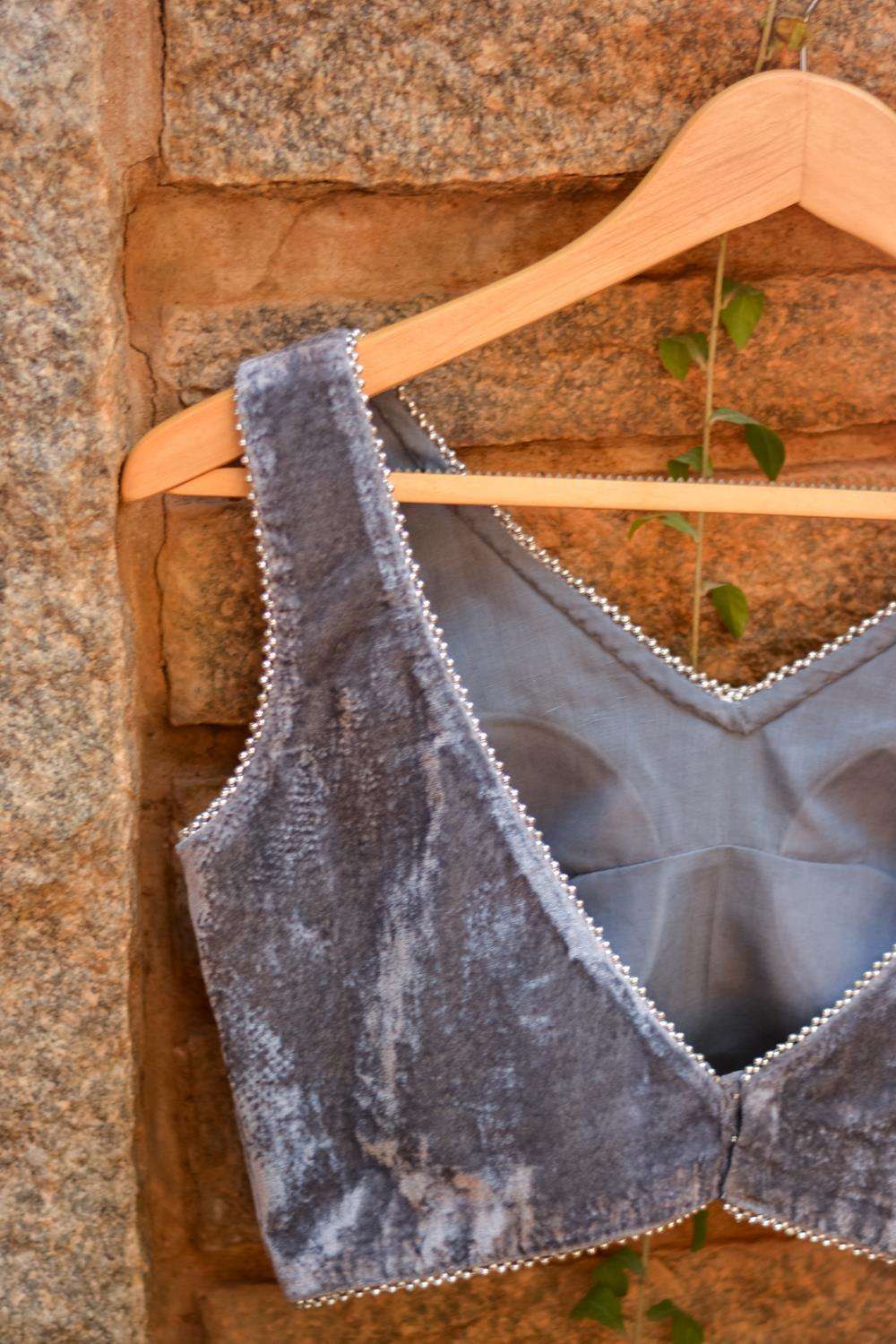 Grey velvet V neck blouse with silver bead edging - House of Blouse