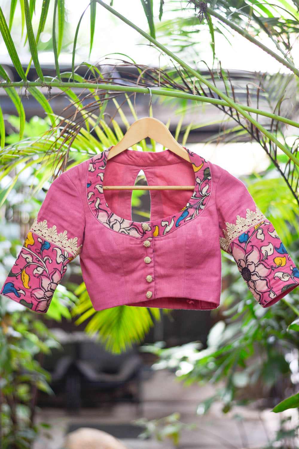 Rose pink handloom cotton with hand painted kalamkari pot neck blouse