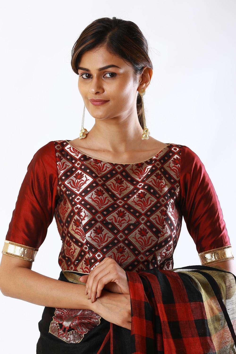 Maroon and black brocade boatneck blouse - House of Blouse