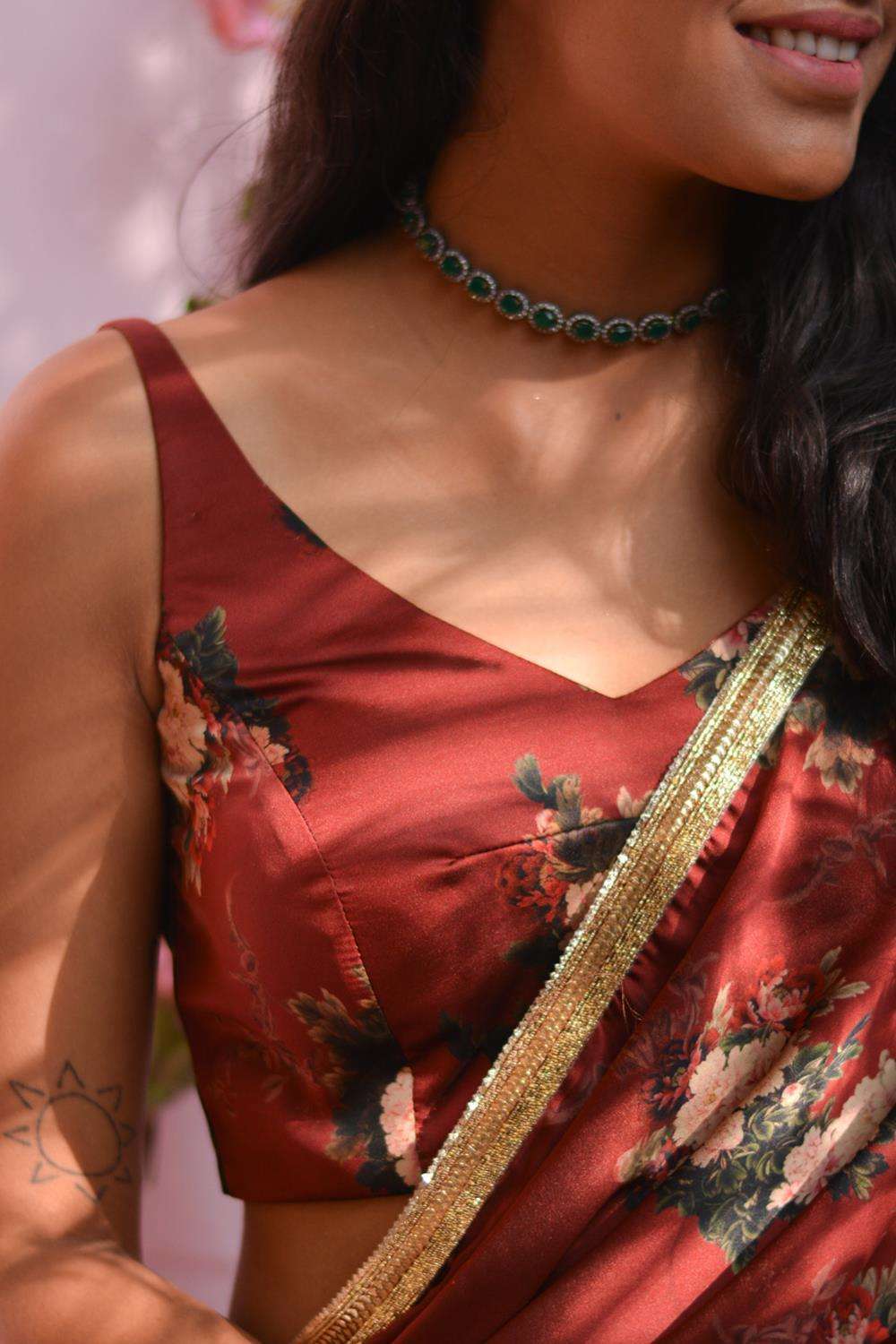 Maroon floral printed satin sleeveless blouse - House of Blouse