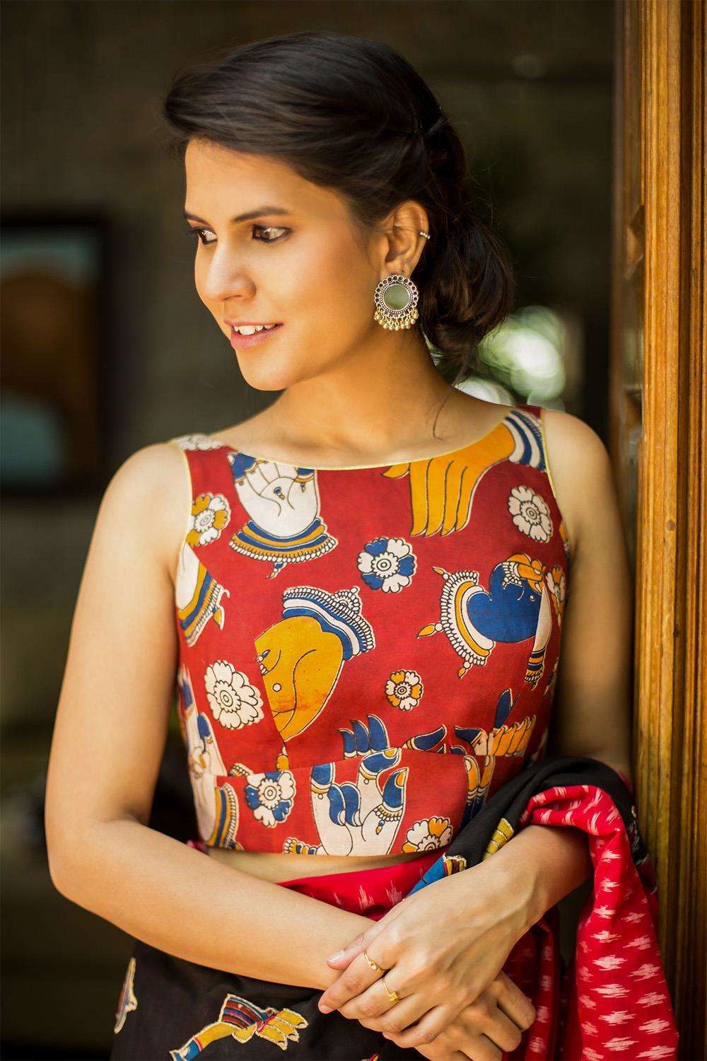Maroon Kalamkari boatneck sleeveless blouse - House of Blouse