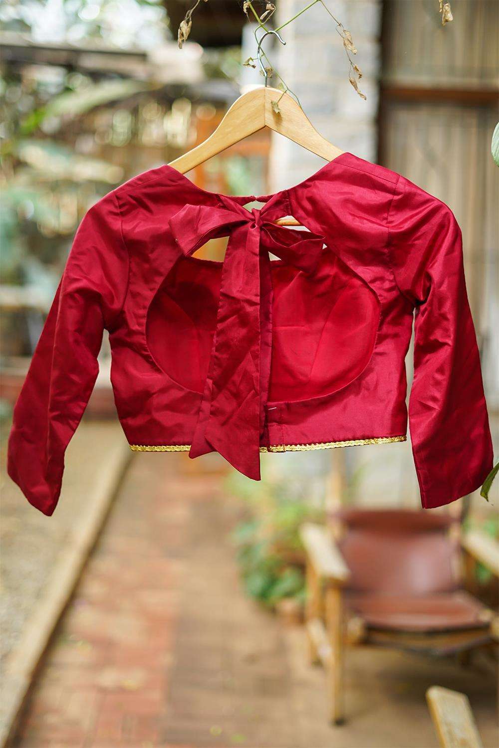 Maroon plain silk 3/4th sleeves blouse with tie back - House of Blouse