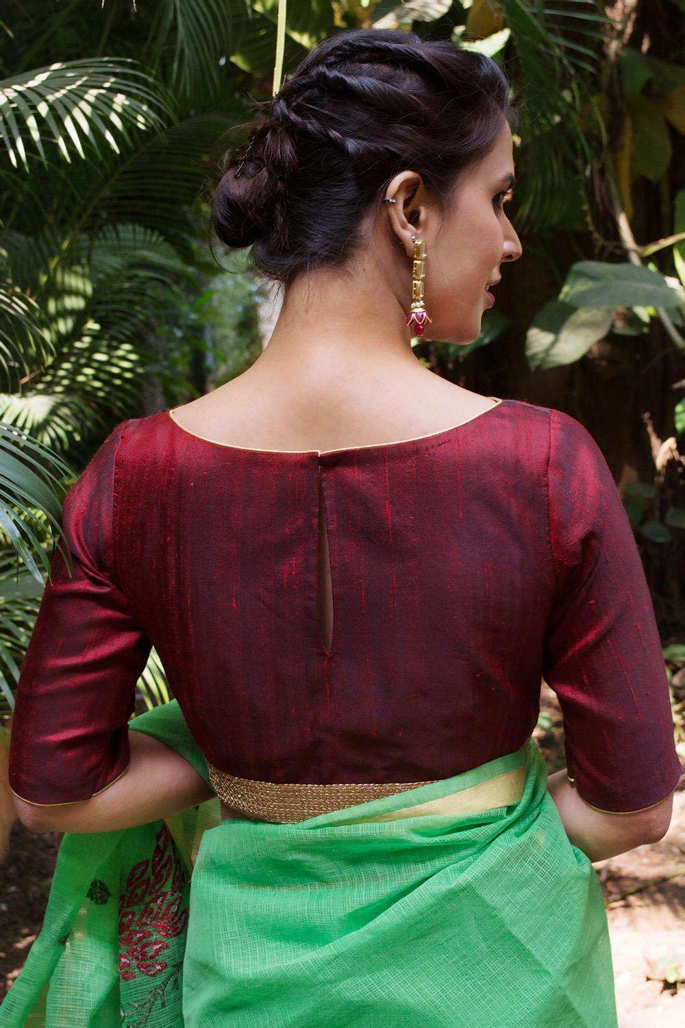 Maroon raw silk boatneck blouse with gold sequin border - House of Blouse