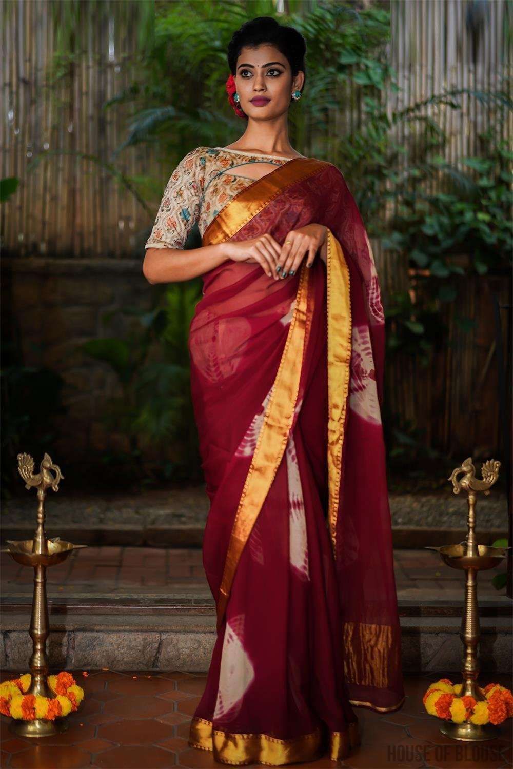 Maroon shibori dyed chiffon saree with zari border - House of Blouse