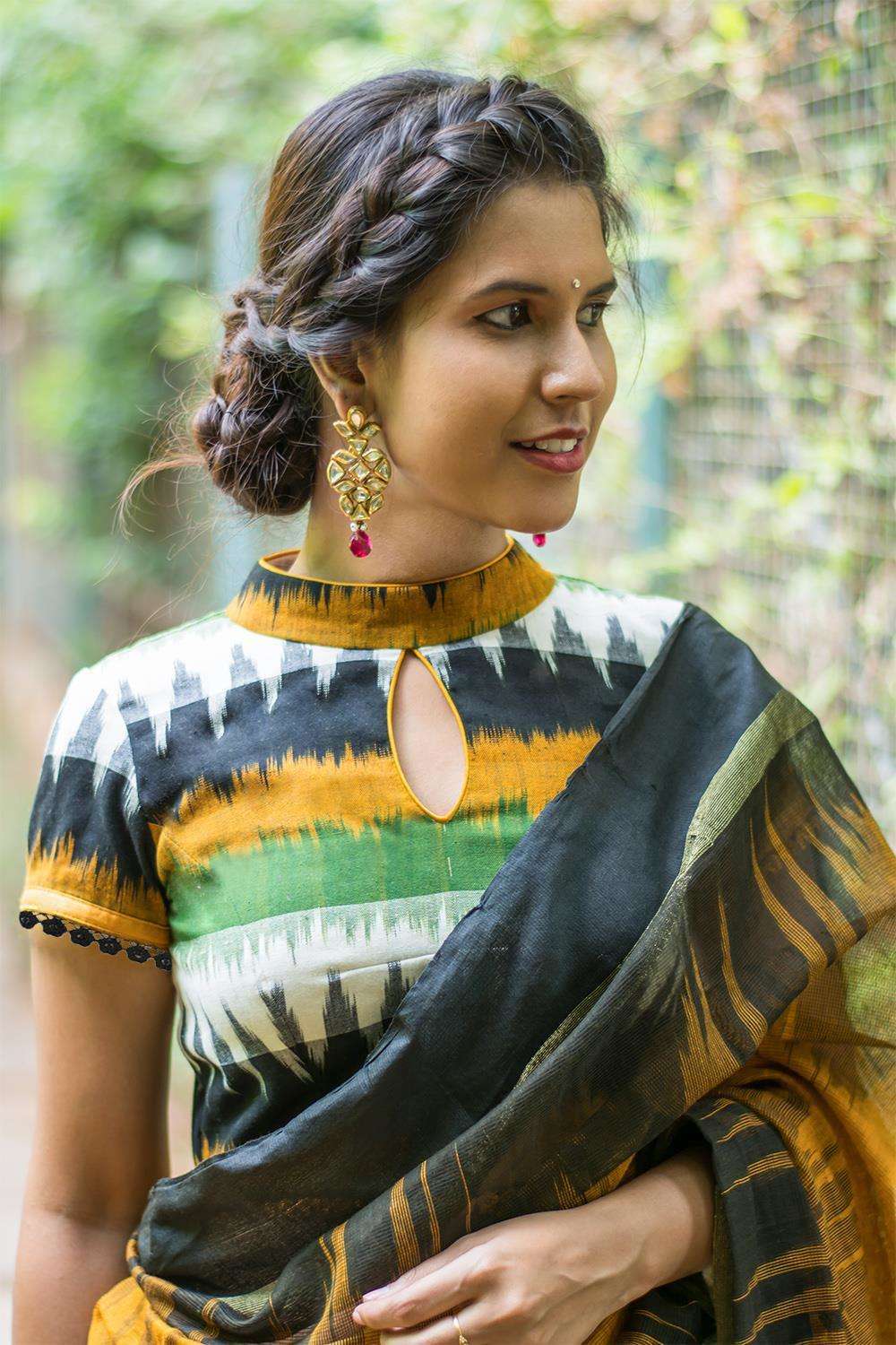 Mustard and black Ikat cotton high neck blouse - House of Blouse