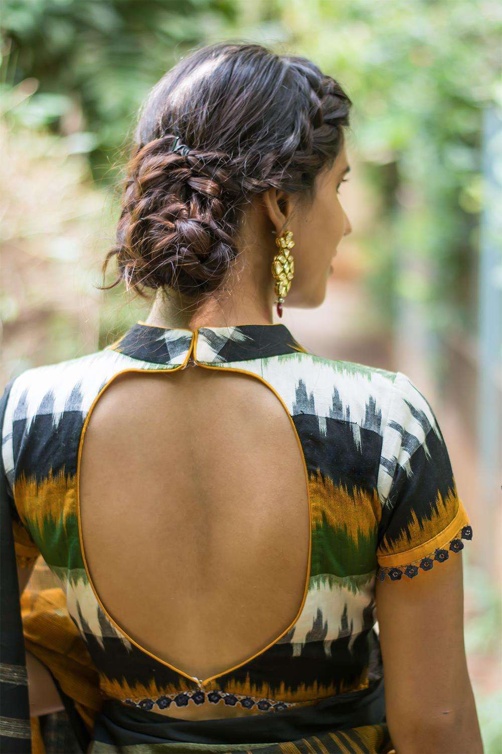 Mustard and black Ikat cotton high neck blouse - House of Blouse