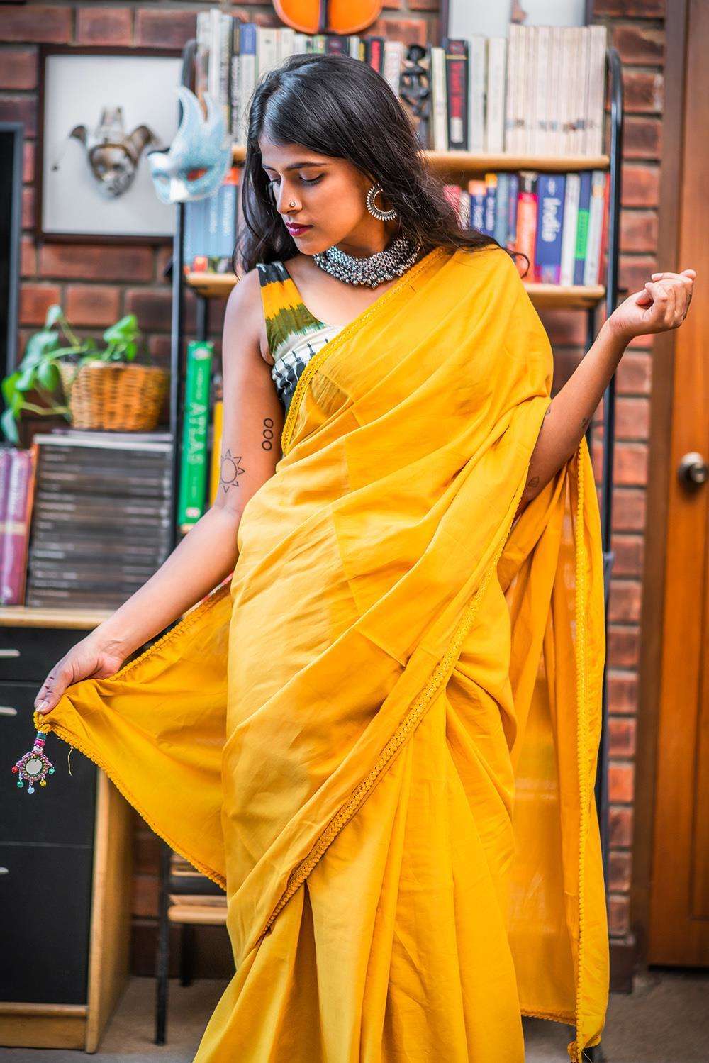 Mustard mul cotton saree with pom pom edging - House of Blouse