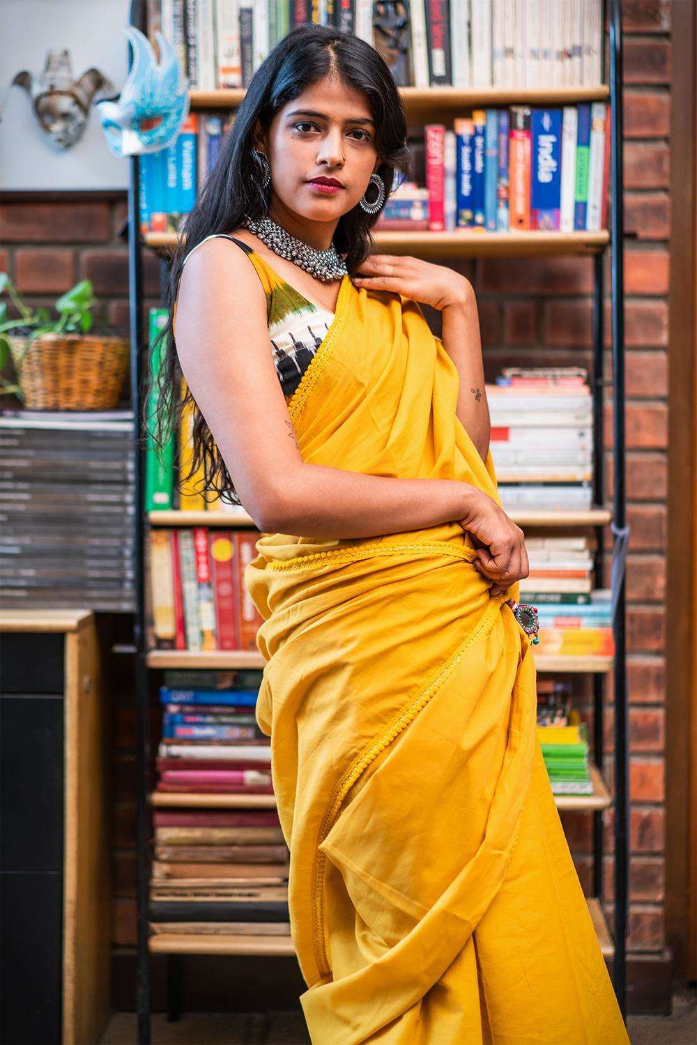 Mustard mul cotton saree with pom pom edging - House of Blouse