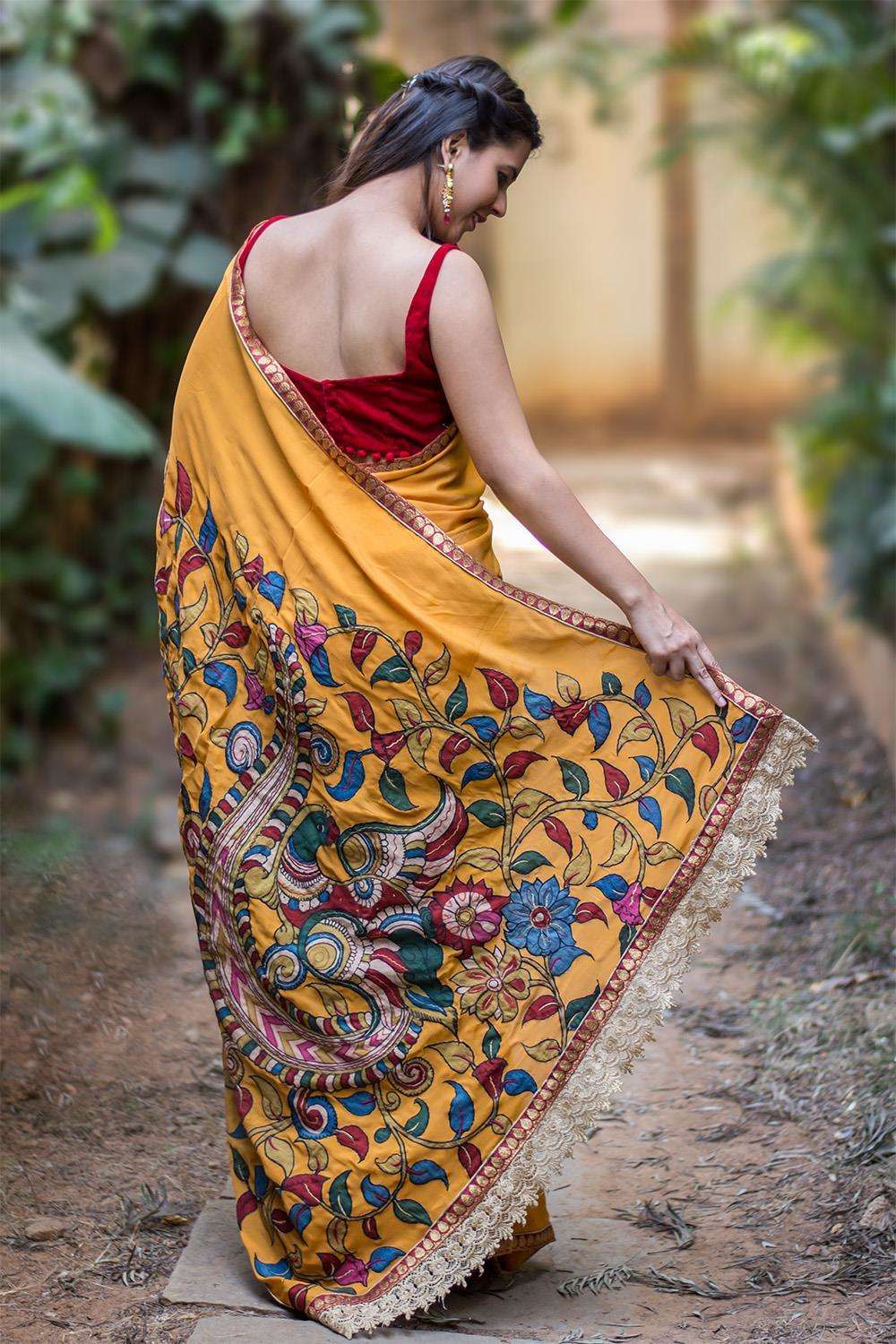 Mustard crepe saree with handpainted Kalamkari cross pallu appliqué - House of Blouse